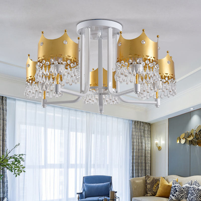 Modern Gold Crown Chandelier With Waterdrop Crystal Accents - 5 Lights