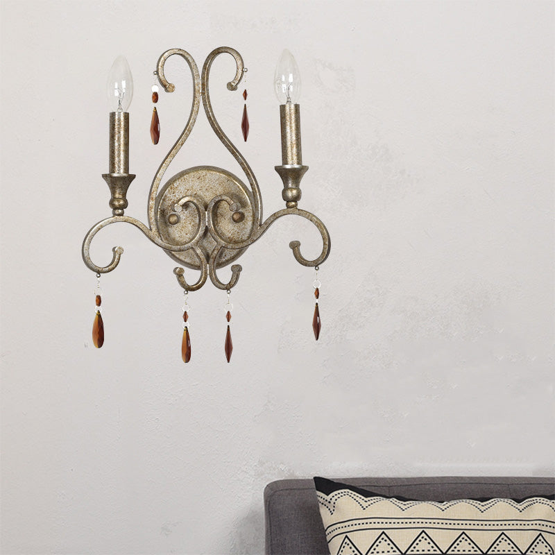 French Country Iron Candle Wall Sconce With Crystal Deco - Aged Silver 2-Light Fixture