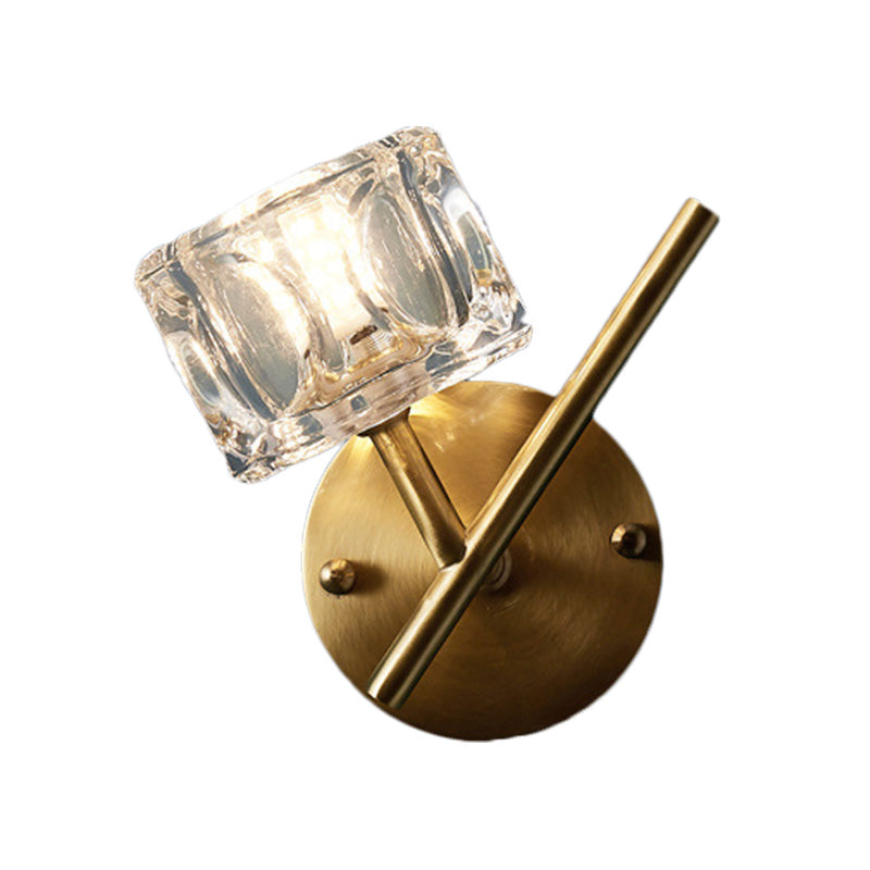 Contemporary Brass Wall Sconce With Clear Crystal Shade For Bedroom