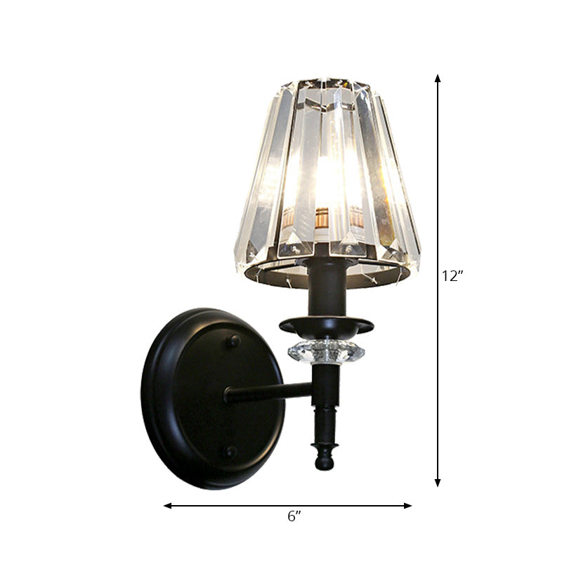Contemporary Clear Crystal Cone Wall Mount Light - 1-Bulb Black Finish Lamp For Bedroom