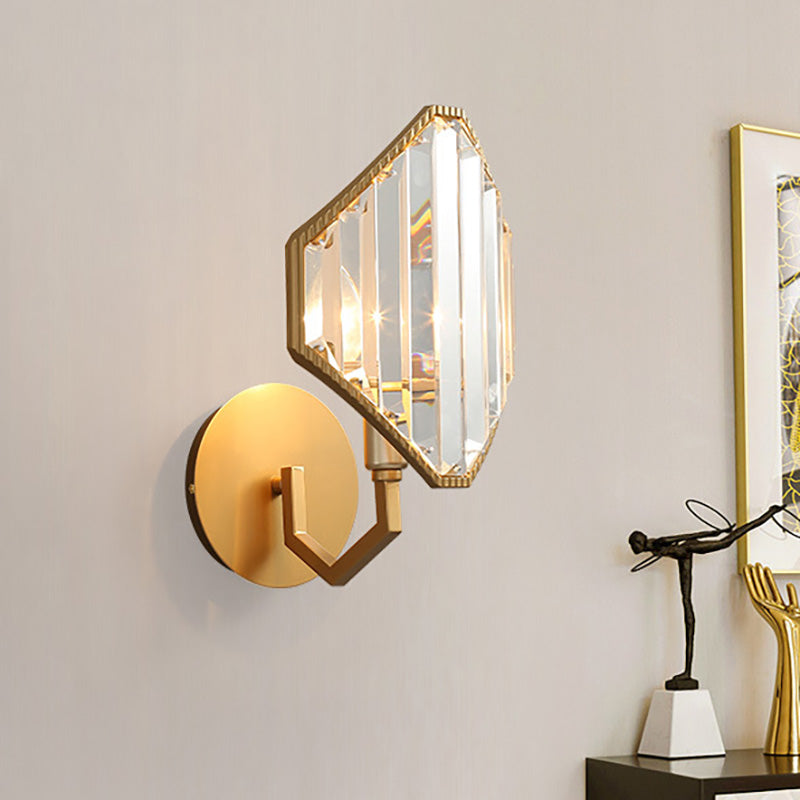 Brass Rhombus Wall Sconce With Clear Crystal Prism - Contemporary 1-Light Metal Lamp