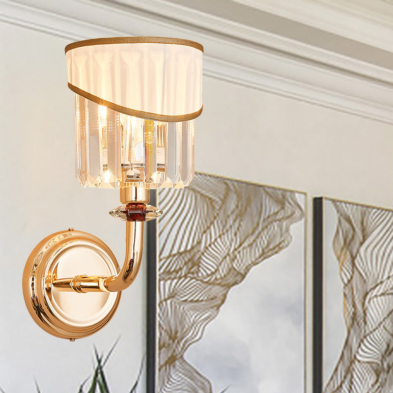 Modern Gold Fabric Wall Light With Crystal Prism And Curved Arm