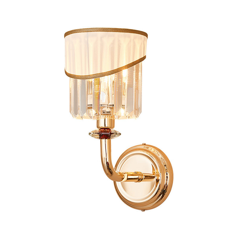Modern Gold Fabric Wall Light With Crystal Prism And Curved Arm