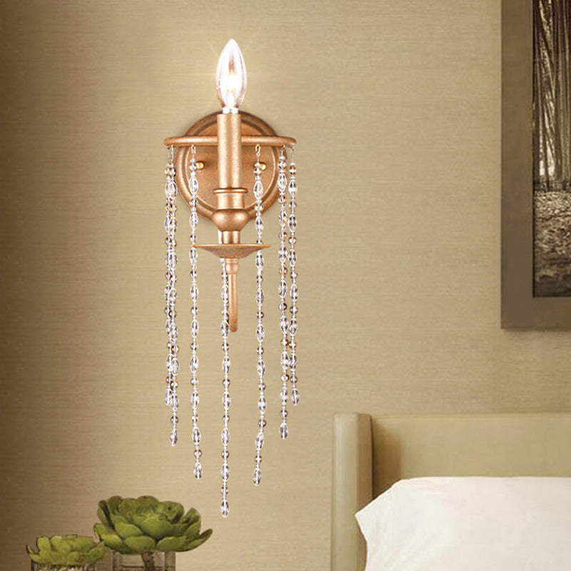 Modern Style Metal Wall Mounted Lamp With Clear Crystal Beaded Strand - 1 Head Copper Sconce Light
