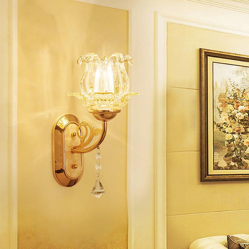 Vintage-Style Bedside Wall Sconce Lamp With Flower Amber Glass Shade And Pull Chain 1 / Gold