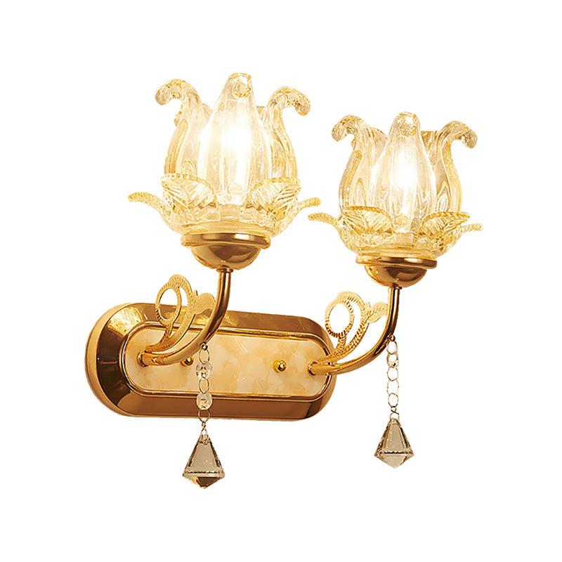 Vintage-Style Bedside Wall Sconce Lamp With Flower Amber Glass Shade And Pull Chain
