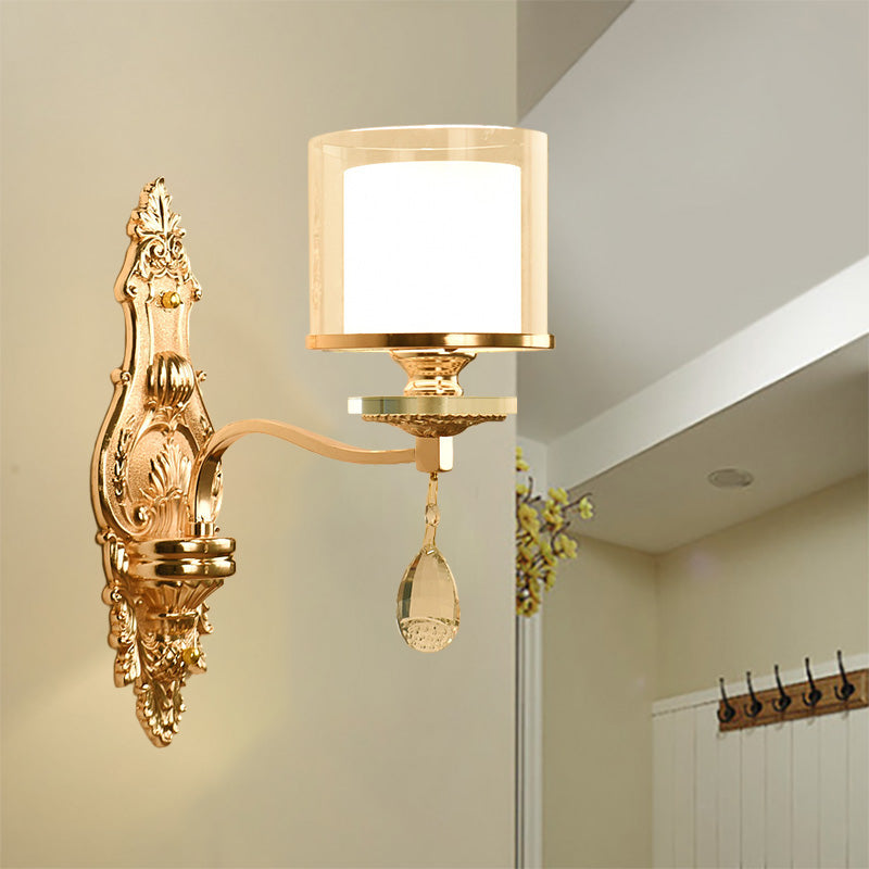 Vintage Gold Finish Cylinder Sconce Light: Metal Wall Fixture With Double Glass Shade And Crystal