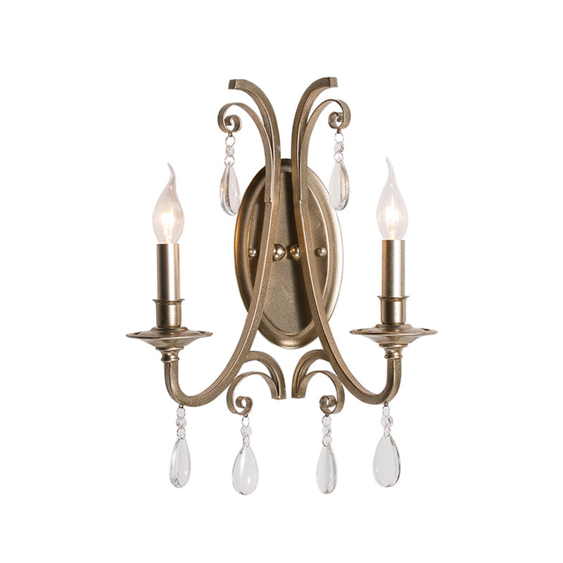 French Country Bedroom Wall Lamp - Brass Finish Sconce Light With Crystal Accent