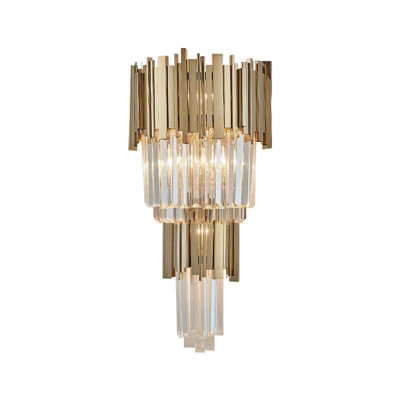 Modern Clear Crystal Tiered 2-Bulb Golden Wall Sconce Light - 8/12 W Metal