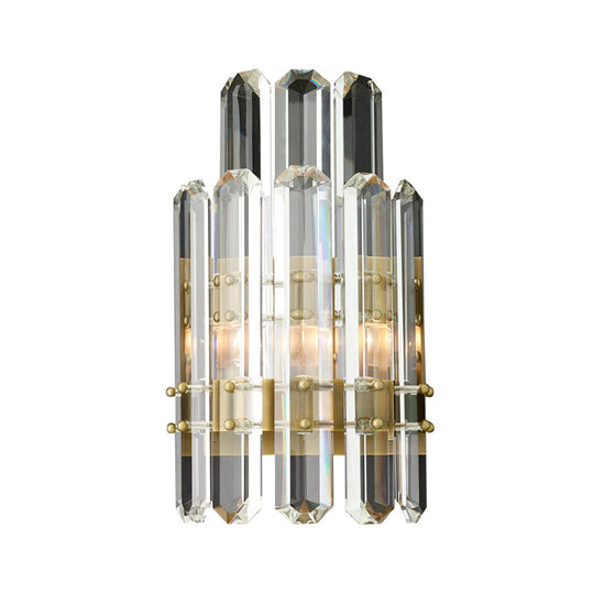 Contemporary Chrome/Gold Wall Sconce With Clear Crystal Prism - Elegant Bedside Mounted Lamp