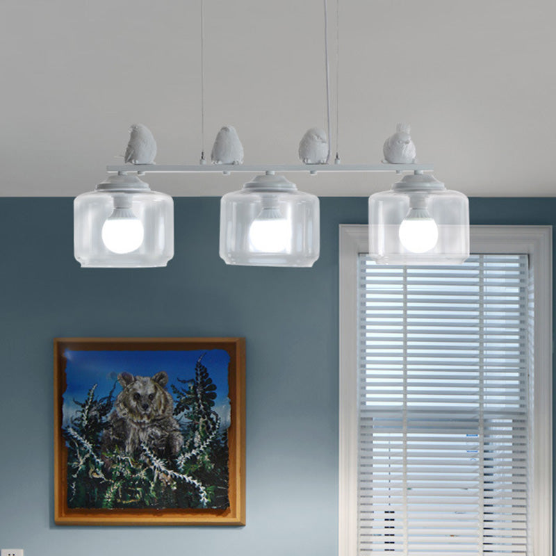Clear Glass 3-Bulb Island Lighting Fixture: Traditional White Hanging Light Kit With Birds - Perfect