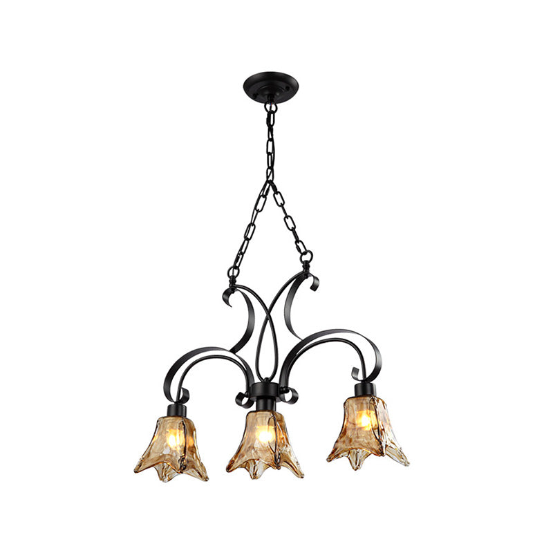 Black Flower Island Pendant With Textured Glass - Perfect For Dining Room 3 Bulb Hanging Ceiling