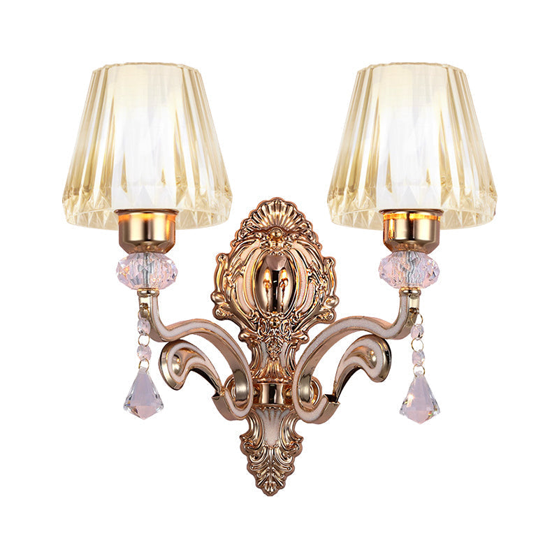 Vintage Cone Wall Lamp - Metal 2-Light Brass Sconce With Clear Glass Shade And Crystal Accent