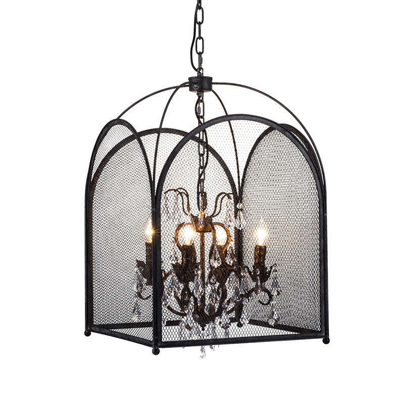 Modern Black Mesh Cage Chandelier Lamp with Crystal Accents - 4 Heads Hanging Light Kit for Living Room