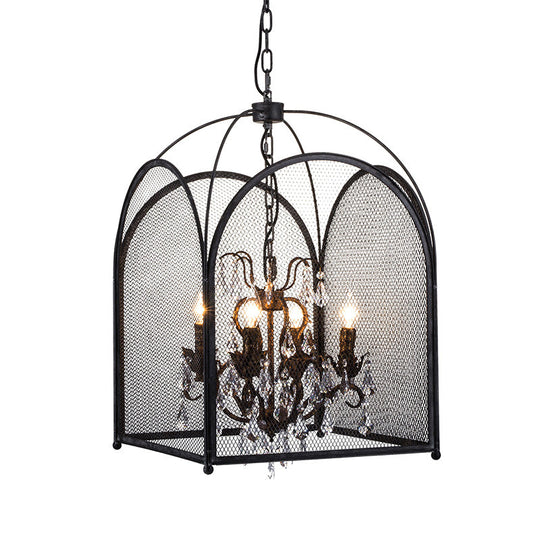 Modern Black Mesh Cage Chandelier Lamp with Crystal Accents - 4 Heads Hanging Light Kit for Living Room