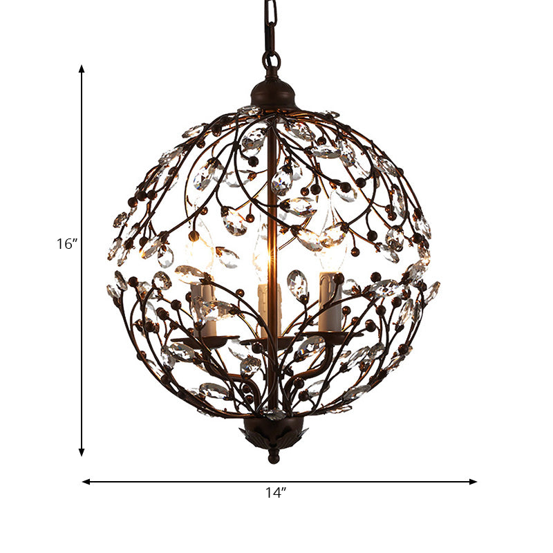 Contemporary Crystal Globe Chandelier - 3 Bulbs Black/Bronze Pendant Light For Dining Room