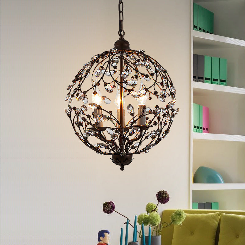 Contemporary Crystal Globe Chandelier - 3 Bulbs Black/Bronze Pendant Light For Dining Room Black
