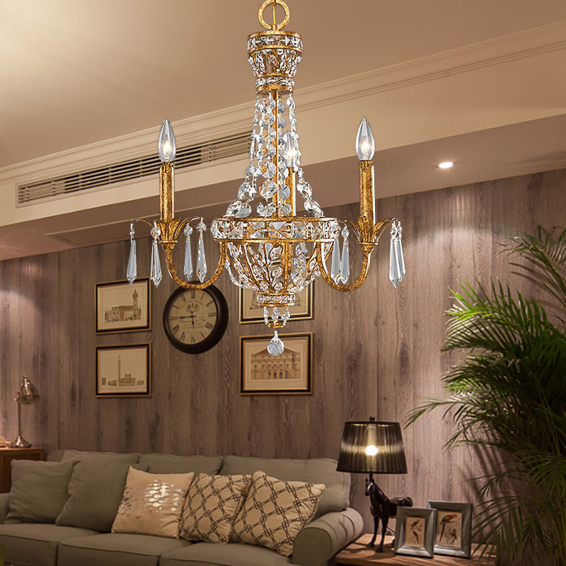 Vintage Gold Pyramid Chandelier With Crystal Accents - 3 Head Suspension Light For Living Room