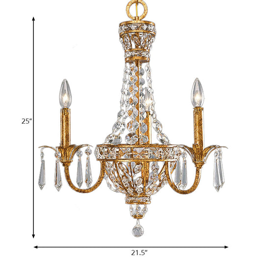 Vintage Gold Pyramid Chandelier With Crystal Accents - 3 Head Suspension Light For Living Room