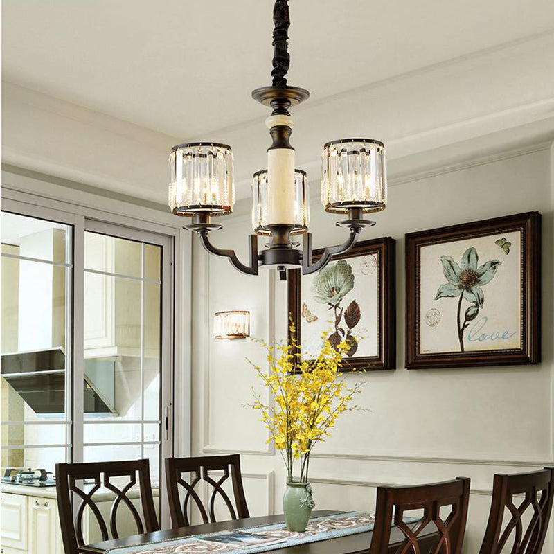 Mid Century Crystal Cylinder Chandelier: Black Hanging Light Kit With Adjustable Rope & 3/6 Bulbs