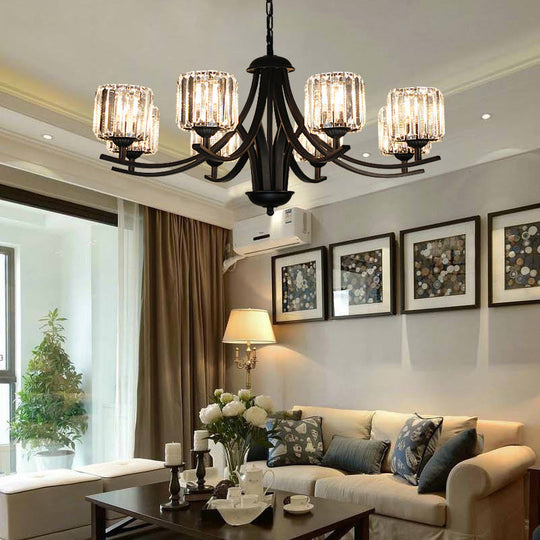 Modern Cylinder Chandelier Light With Crystal Accents - Black Finish 4/6/8 Bulb Ideal For Dining