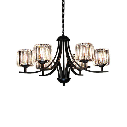 Modern Cylinder Chandelier Light With Crystal Accents - Black Finish 4/6/8 Bulb Ideal For Dining