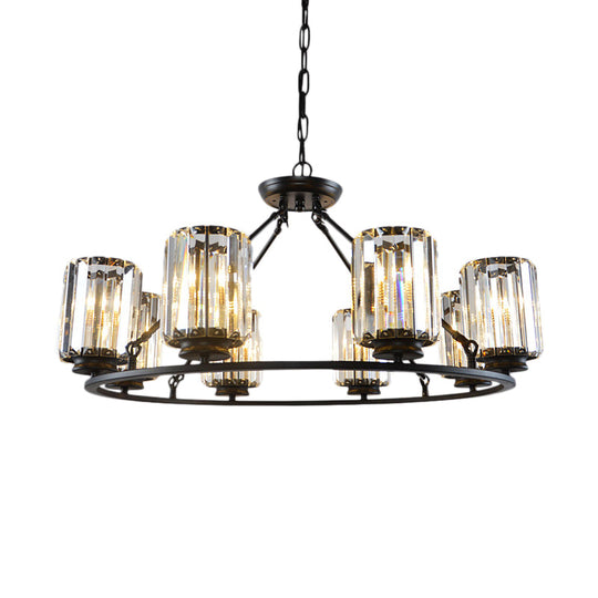 Contemporary Black Round Ceiling Chandelier With Crystal Pendant Lights - Adjustable Chain 4/6/8