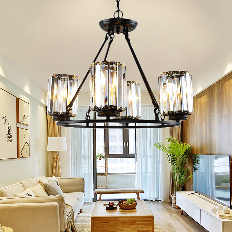 Contemporary Black Round Ceiling Chandelier With Crystal Pendant Lights - Adjustable Chain 4/6/8 4 /