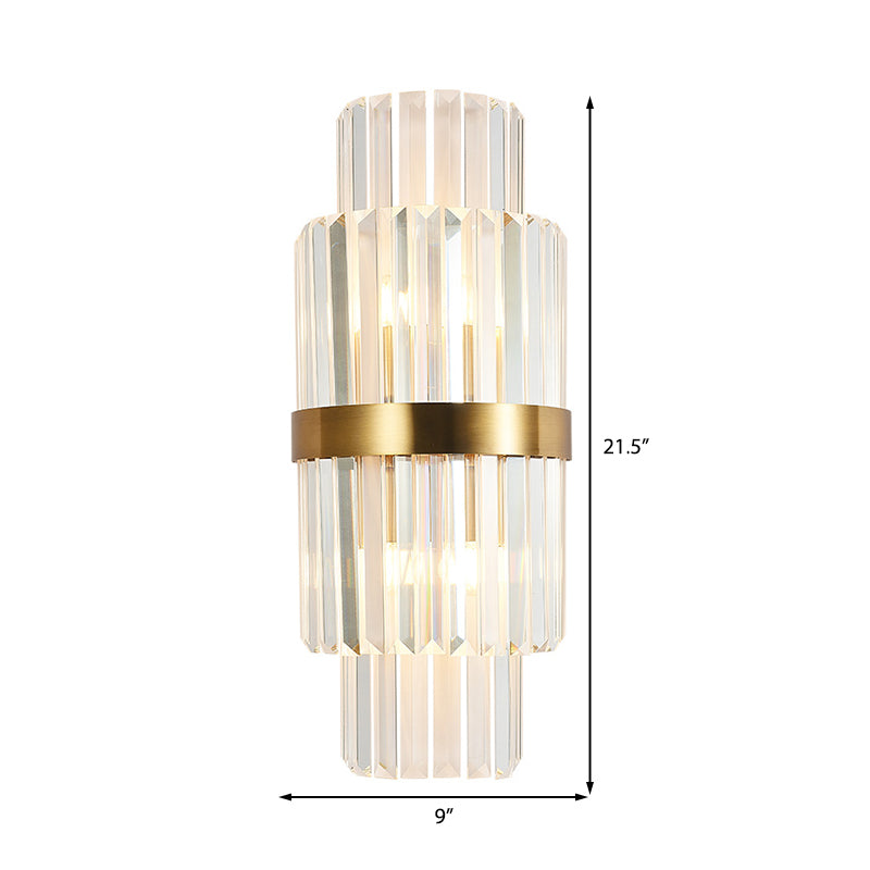 Modernist Clear Crystal Cylinder Wall Lighting Fixture - 2 Lights Golden Sconce Lamp (18/21.5