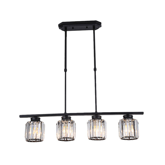 Nordic Black Crystal Ceiling Light For Living Room - Cylinder Island Pendant With 3/4 Bulbs