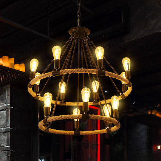 Hemp Rope Chandelier Pendant Light - Vintage Restaurant Hanging Light in Flaxen