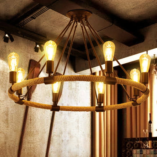 Hemp Rope Chandelier Pendant Light - Vintage Restaurant Hanging Light in Flaxen