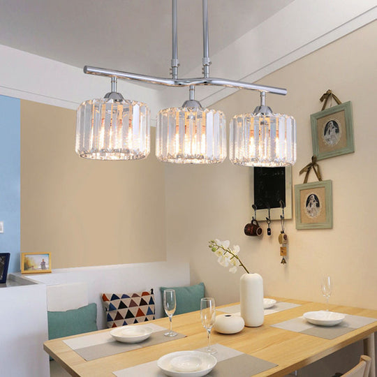 Modern Chrome Drum Crystal Pendant Light For Dining Room Island 2/3 Bulbs Hanging From Ceiling 3 /