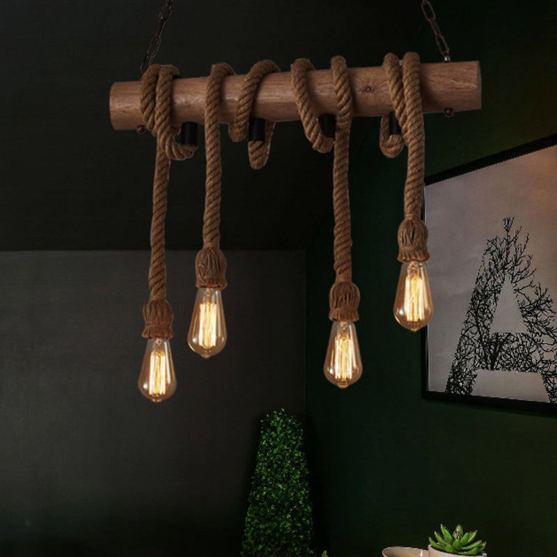 Vintage Hemp Rope Pendant Light With Exposed Bulbs - 4-Light Wood Island Ceiling Fixture