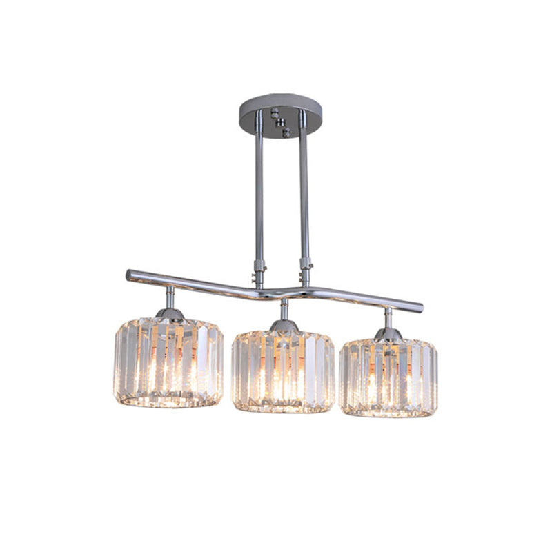 Modern Chrome Drum Crystal Pendant Light For Dining Room Island 2/3 Bulbs Hanging From Ceiling