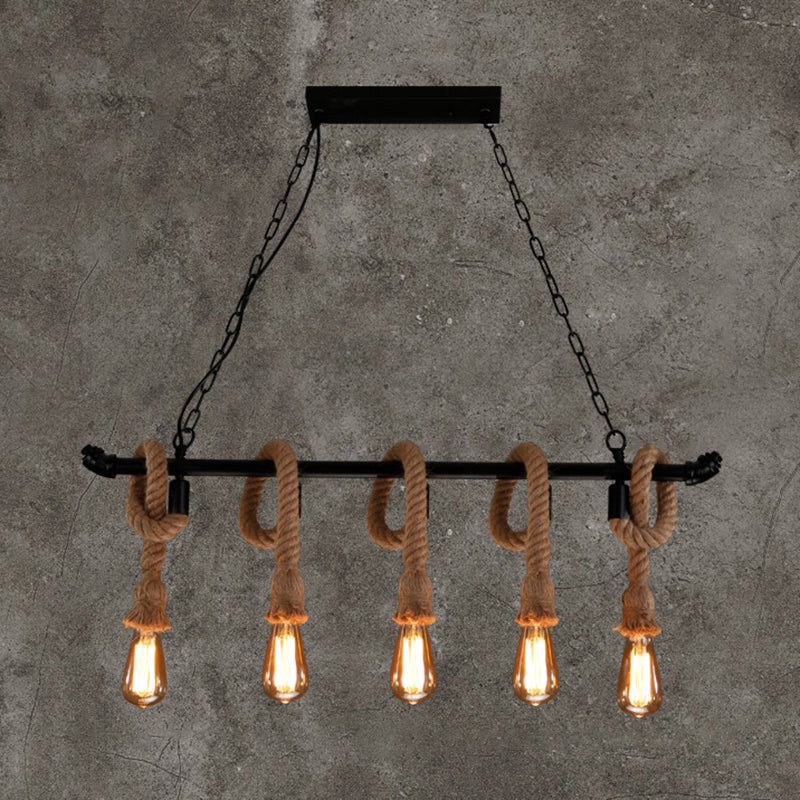 Rustic Metallic Water Pipe Hanging Lamp With Hemp Rope - Black Restaurant Chandelier 5 /
