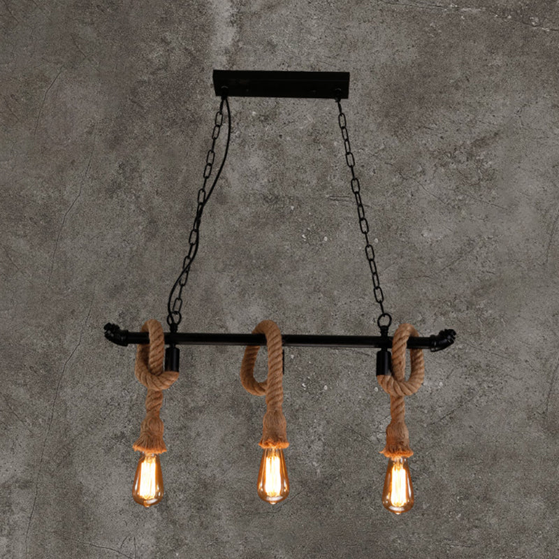 Rustic Metallic Water Pipe Hanging Lamp With Hemp Rope - Black Restaurant Chandelier 3 /