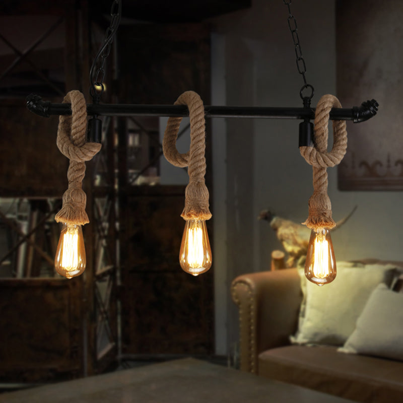 Rustic Metallic Water Pipe Hanging Lamp With Hemp Rope - Black Restaurant Chandelier