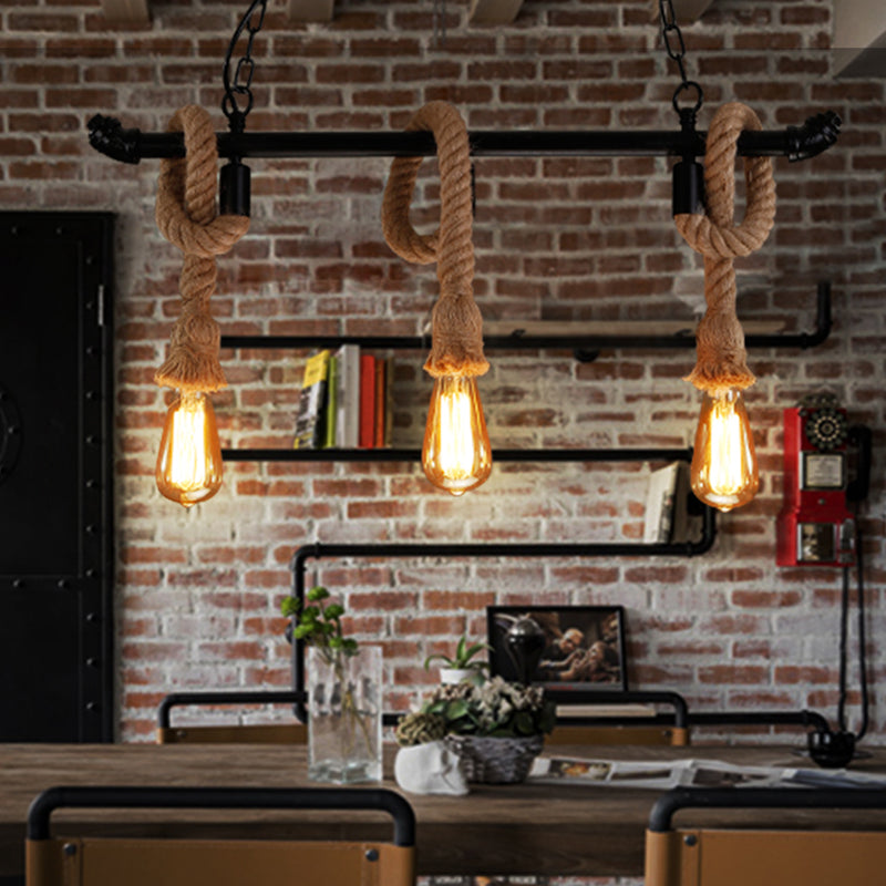 Rustic Metallic Water Pipe Hanging Lamp With Hemp Rope - Black Restaurant Chandelier