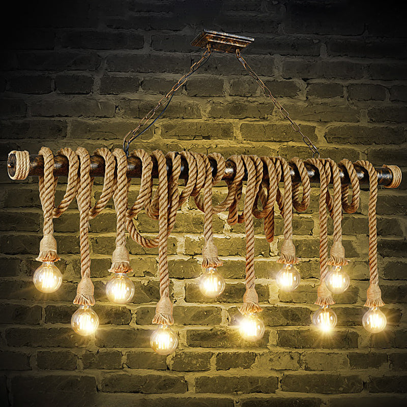 Retro Hemp Rope Exposed Bulb Pendant Light Fixture For Ceiling Ideal Restaurants - Flaxen Island