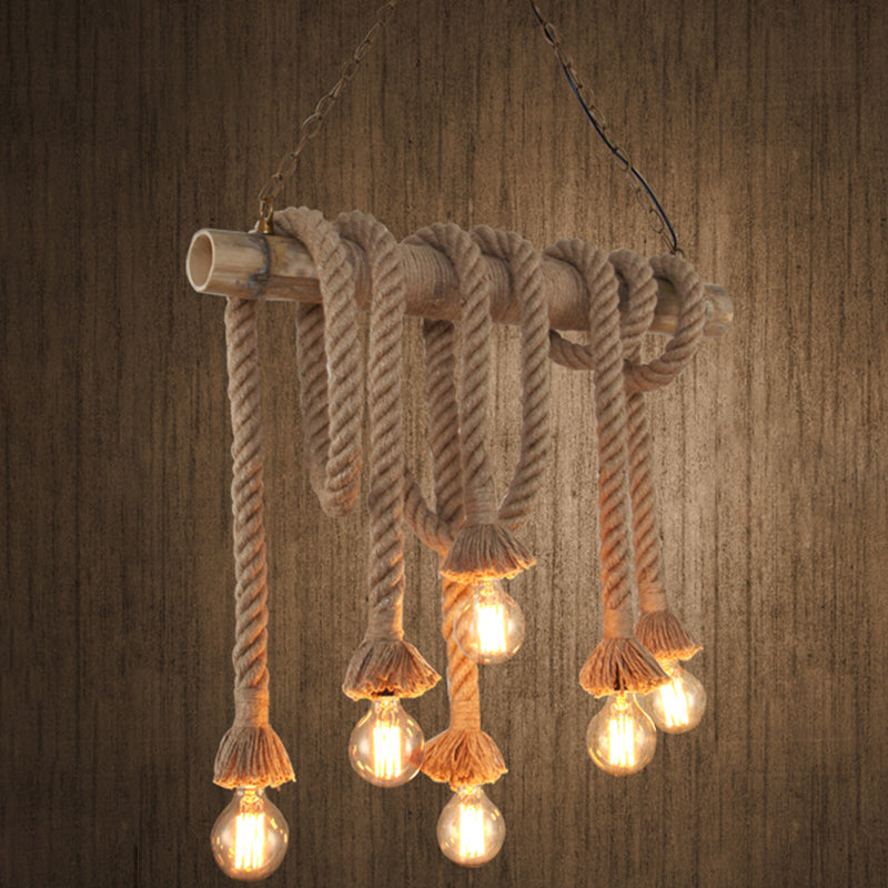Hemp Rope Pendant Light: Industrial Island Lighting With Bamboo Tube In Flaxen 6 /