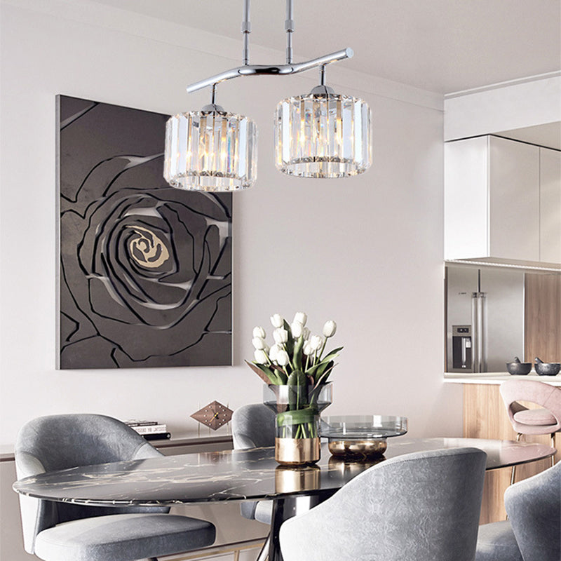 Modern Chrome Drum Crystal Pendant Light For Dining Room Island 2/3 Bulbs Hanging From Ceiling 2 /