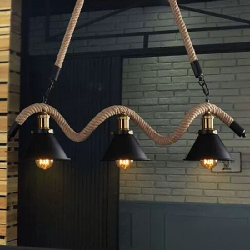 Hemp Rope Antique Hanging Lamp Chandelier In Black - Ideal For Restaurants And Islands