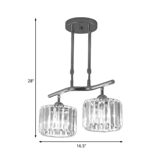 Modern Chrome Drum Crystal Pendant Light For Dining Room Island 2/3 Bulbs Hanging From Ceiling
