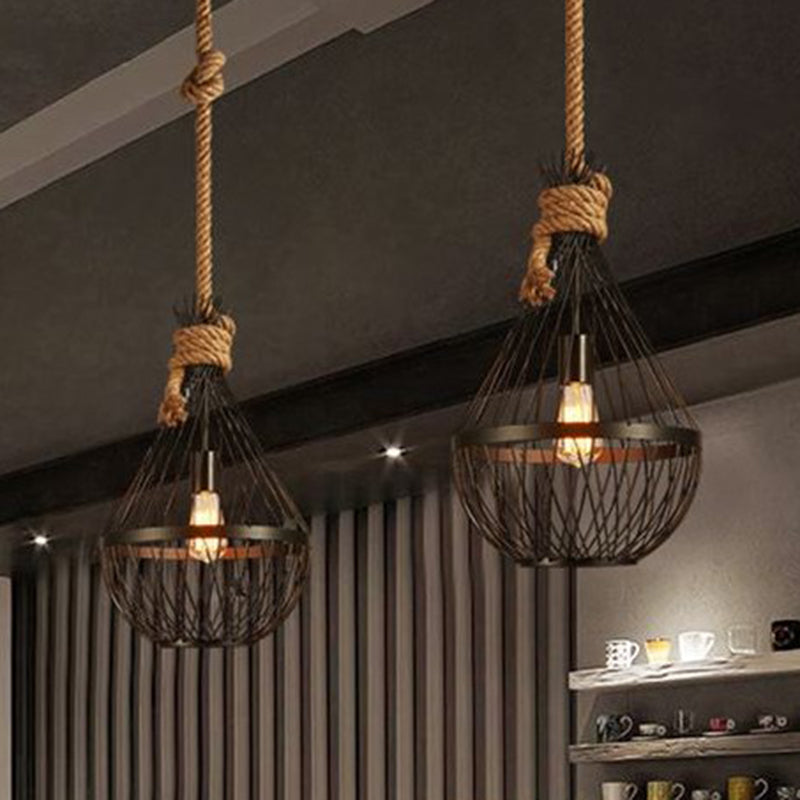 Retro Iron Pear-Shaped Suspension Lighting With Hemp Rope In Black / Small Pendant