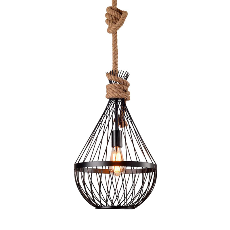 Retro Iron Pear-Shaped  Suspension Lighting with Hemp Rope in Black