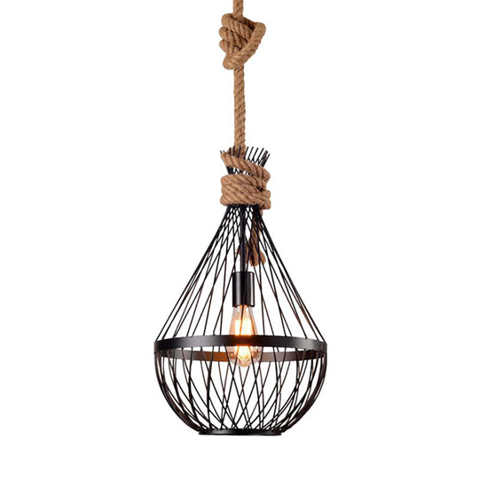 Retro Iron Pear-Shaped  Suspension Lighting with Hemp Rope in Black