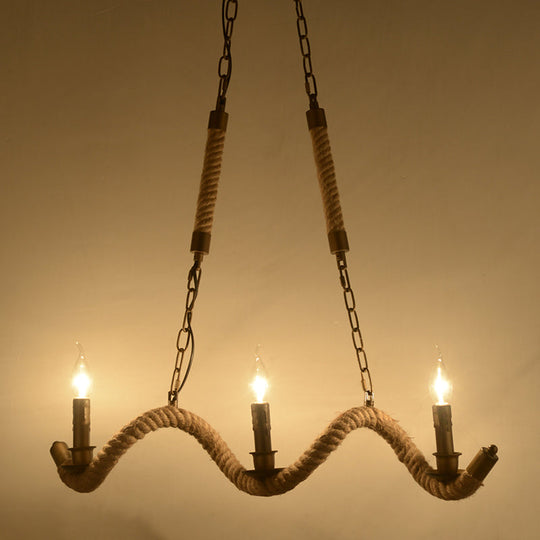 Vintage 3-Head Island Pendant Light: Candlestick Iron Ceiling Fixture With Hemp Rope - Flaxen Finish