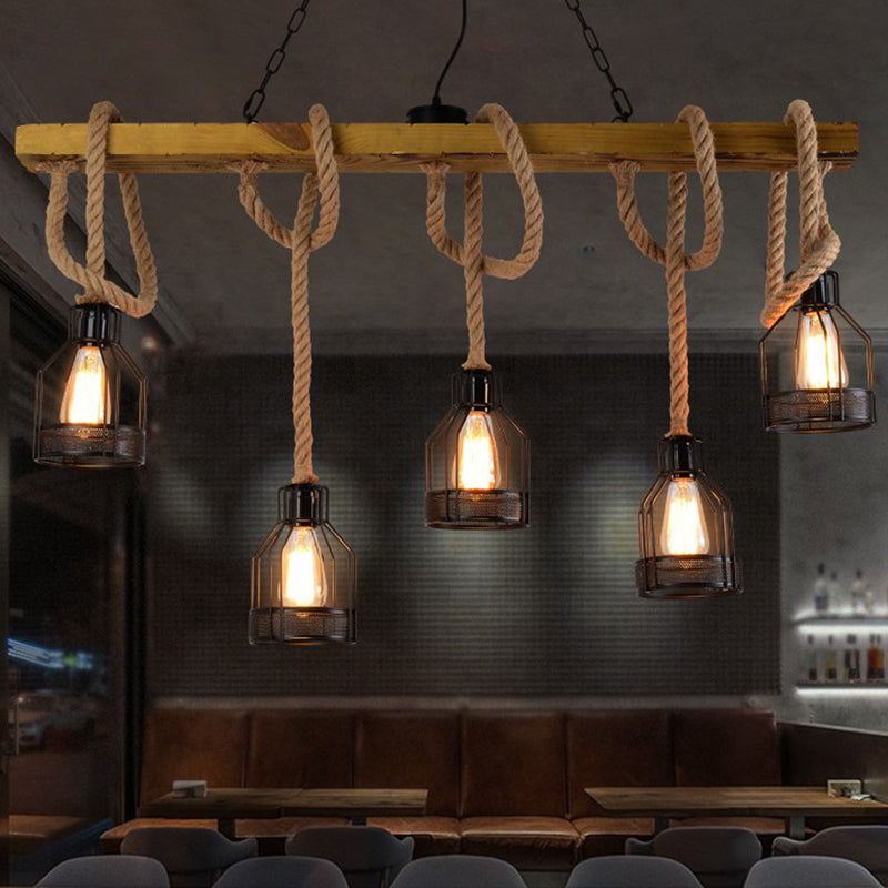 Rustic 5-Head Wood Dangling Island Pendant Light With Cage Restaurant Ceiling Fixture
