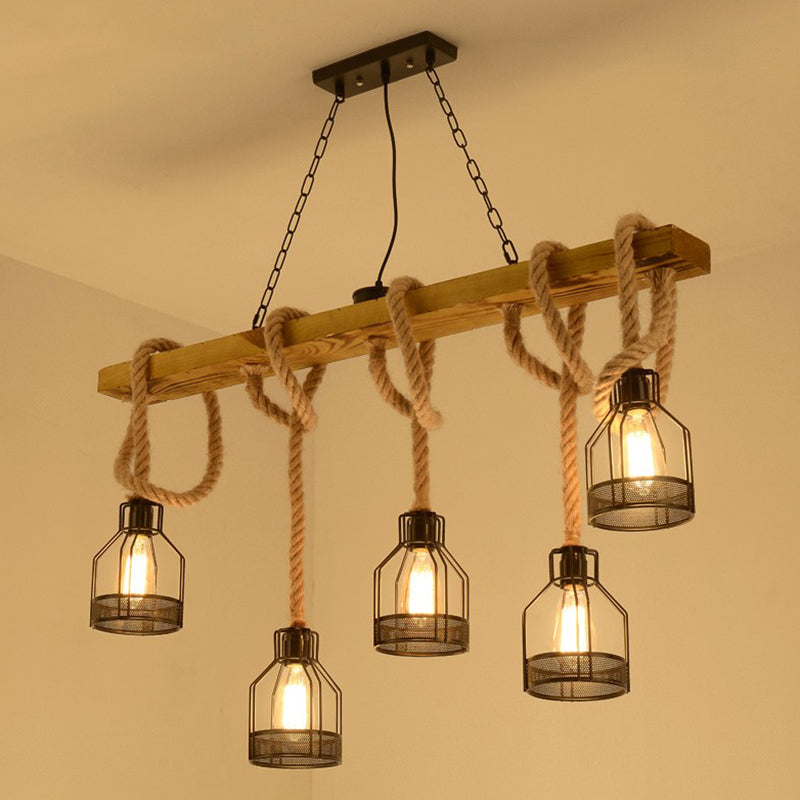 Rustic 5-Head Wood Dangling Island Pendant Light With Cage Restaurant Ceiling Fixture